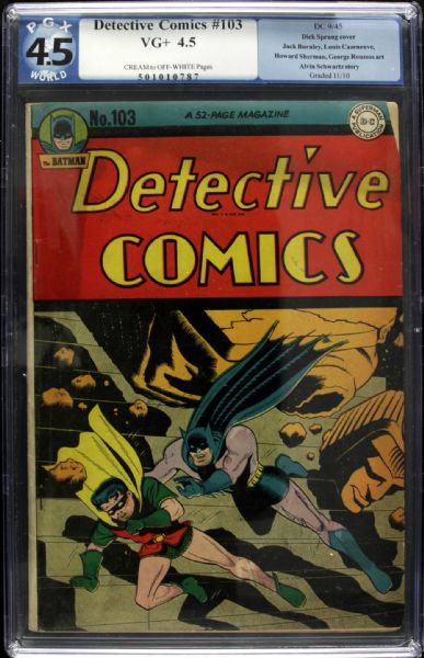 1945 Detective Comics #103 DC Comics (PGX VG + 4.5) Featuring Dick Sprang Cover; Jack Burnley Louis Cazeneuve, Howard Sherman, and George Roussos Art; Alvin Schwartz Story