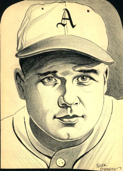 1929-35 Jimmie Foxx Philadelphia Athletics "The Sporting New Collection Archives" 7" x 9.5" Original Illustration Art (Sporting News Collection Hologram/MEARS Photo LOA) Unique 1:1 