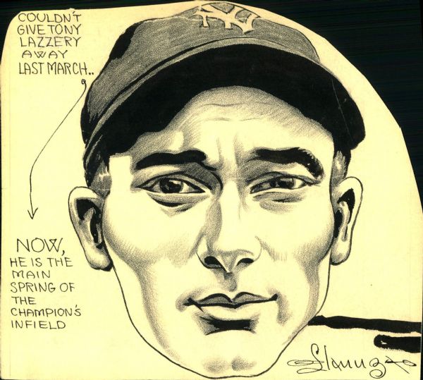 1927-28 Tony Lazzeri New York Yankees "The Sporting News Collection Archives" 8" x 9" Original Illustration Art (Sporting News Collection Hologram/MEARS Photo LOA) Unique 1:1