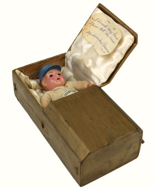 1957 Milwaukee Braves World Series Champs Pinback & Figure in folkart casket