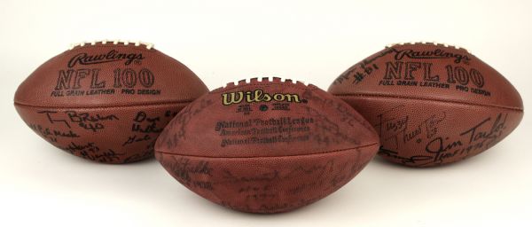 1966-67 Green Bay Packers Super Bowl I Multi-Signed Football - Lot of 3 With 35 Sigs. Incl. Aldridge Nitschke Pitts Taylor Starr McGee  - JSA