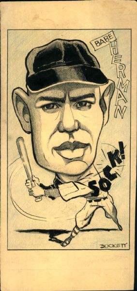 1928-30 Babe Herman Brooklyn Robins "The Sporting News Collection Archives" 4.5" x 9.5" Original Illustration Art (Sporting News Collection Hologram/MEARS Photo LOA) Unique 1:1
