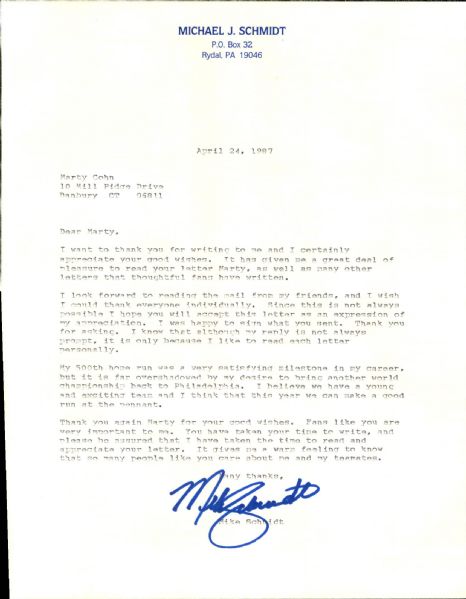 1987 Mike Schmidt Philadelphia Philles Signed Letter to Fan - JSA 