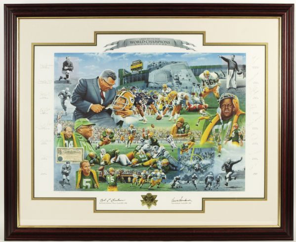 1993 Green Bay Packers 75th Anniversary Commemorative Print Display 45"x36" Signed by 16 Incl. Favre Starr Nitschke Canadeo - JSA