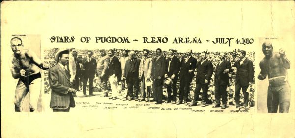 1910 Stars of Pugdom - Reno Nevada July 4 Featuring Boxing Greats Jeffries John L. Sullivan Jack Johnson 15" x 7" Panaoramic