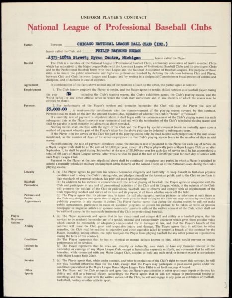 1970 Phil Regan Chicago Cubs Signed Contract - JSA 