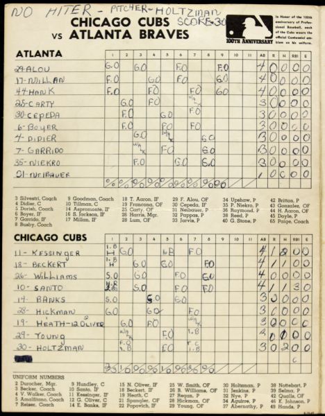 1969 Aug. 19 Scorecard/Program From Ken Holtzman Chicago Cubs No-Hitter Scored