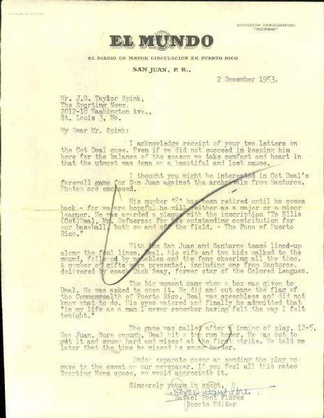 1953 Letter to the Editor of Sporting News from San Juan Puerto Rico "The Sporting News Collection Archives" Origianl Letter (Sporting News Collection Hologram/MEARS Auction LOA)