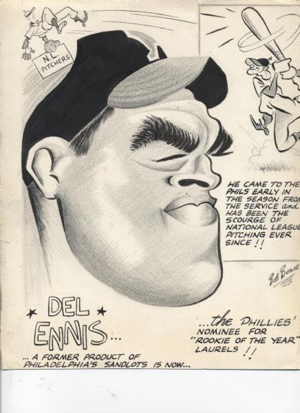 1946 Del Ennis Philadelphia Phillies "The Sporting News Collection Archives" Original Illustration Artwork (Sporting News Collection Hologram/MEARS Photo LOA)