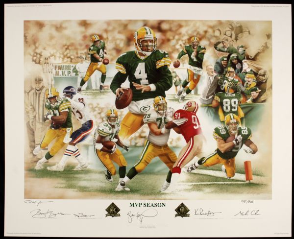 1996 Brett Favre Green Bay Packers Signed MVP Season Print Also Signed by Mark Chmura Edgar Bennett Robert Brooks & Ken Ruettgers 518/995 - JSA