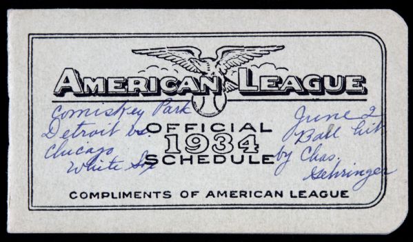1934 American League Pocket Baseball Schedule
