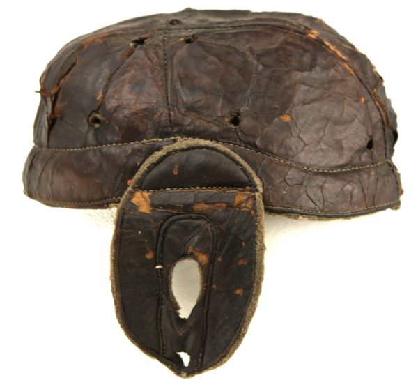 1900-08 circa Youth Model (8" diameter) Flat Top Model Leather Football Helmet w/ 12 ventilation holes