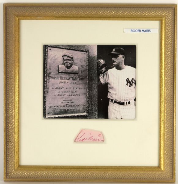 Roger Maris Beside Plaque of Babe Ruth Signed 17.5" x 17.5" Photo Display - JSA