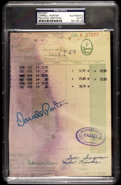 Darrell Porter Milwaukee Brewers Signed and Slabbed Hotel Receipt - PSA/DNA