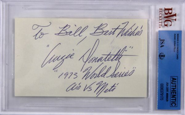 Augie Donatelli signed 3x5 Index Card (BVG/JSA Authentic & Encapsulated)