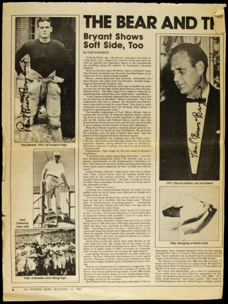 1980 Paul Bear Bryant University of Alabama Twice Signed The Sporting News Page - JSA