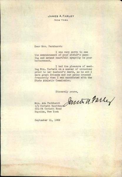 1959 James Farley Postmaster General Signed Letter - JSA 