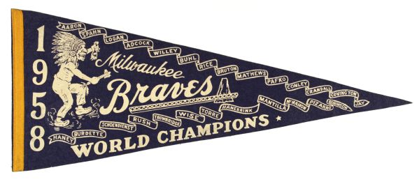 1958 Milwaukee Braves Full Size "World Champions" Phantom Scroll Pennant