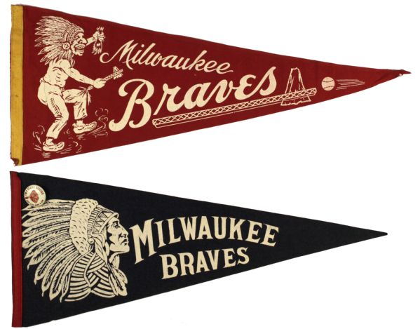 1950s circa Milwaukee Braves Full Size Pennant - Lot of 2 - w/ Pinback
