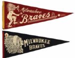 1950s circa Milwaukee Braves Full Size Pennant - Lot of 2 - w/ Pinback