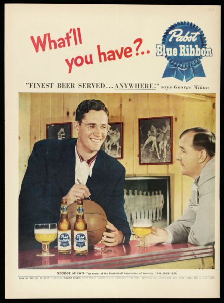 1950s George Mikan Minneapolis Lakers Pabst Blue Ribbon Magazine Advertisement 