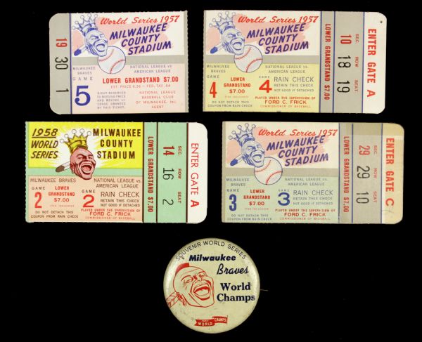 1957-58 Milwaukee Braves vs. New York Yankees Ticket Stub - Lot of 5