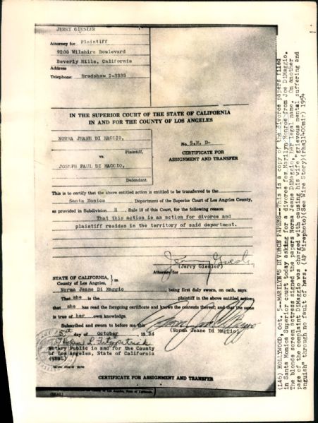1954 Joe DiMaggio Marylin Monroe Divorce Papers "The Chicago Sun-Times Collection Archives" Original Photos (Chicago Sun-Times Hologram/MEARS Photo LOA) - Lot of 2
