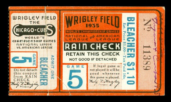1935 World Series Cubs vs. Tigers Game 5 Ticket Stub