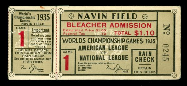 1935 World Series Tigers vs. Cubs Game 1 Ticket Stub