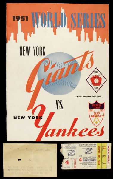 1951 New York Yankees vs. New York Giants World Series Program Ticket Stub & Parking Receipt From Joe DiMaggios Final Home Run