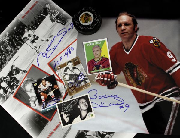 1960s star Bobby Hull Chicago Blackhawks Signed Collection - 2 Photos 4 Cards & Hockey Puck - JSA 