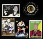 1960s star Bobby Hull Chicago Blackhawks Signed Collection - 2 Photos 4 Cards & Hockey Puck - JSA 