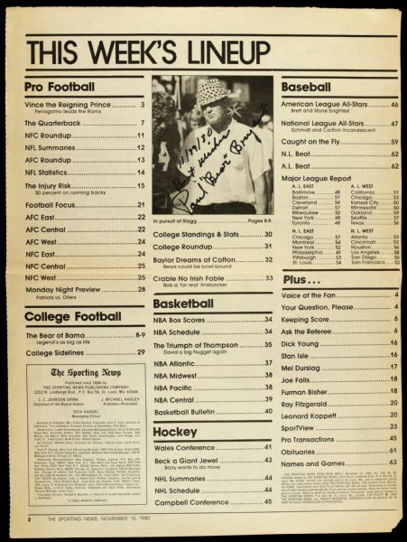 1980 Paul Bear Bryant University of Alabama Signed The Sporting News Page - JSA