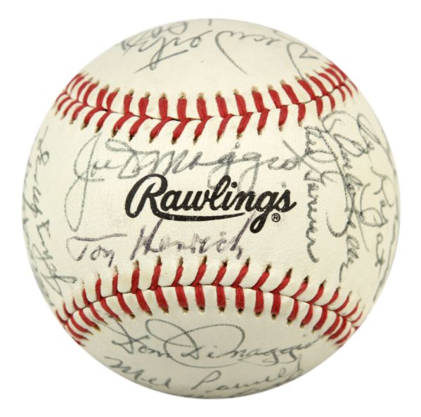 1980s Baseball Greats Multi Signed Ball Mostly New York Yankees w/ 28 Sigs. Incl. Joe DiMaggio Larry Doby Bill Dickey Al Lopez - JSA