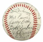 1980s Baseball Greats Multi Signed Ball Mostly New York Yankees w/ 28 Sigs. Incl. Joe DiMaggio Larry Doby Bill Dickey Al Lopez - JSA