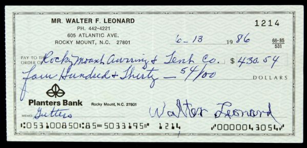 1986 Buck Leonard Signed Check - JSA 