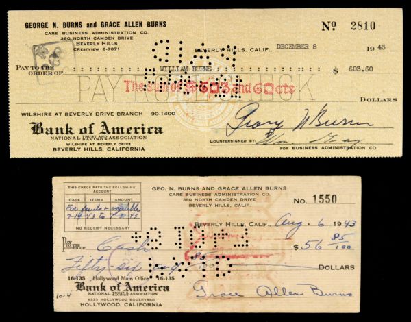 1943 George Burns Signed  & Grace Allen Signed Check - Lot of 2 - JSA