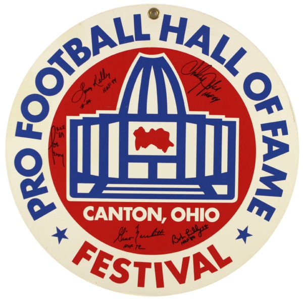 1980s Massive Pro Football Hall of Fame Festival 20" x 20" Signed Sign w/ Gino Marchetti Boby Lilly Joe Perry Charley Taylor Leroy Kelly - JSA 