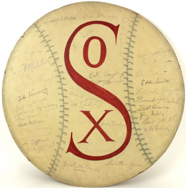 1947 Chicago White Sox Signed Oversized 30" Diameter Wood Baseball Shaped Display w/37 Sigs. - JSA 