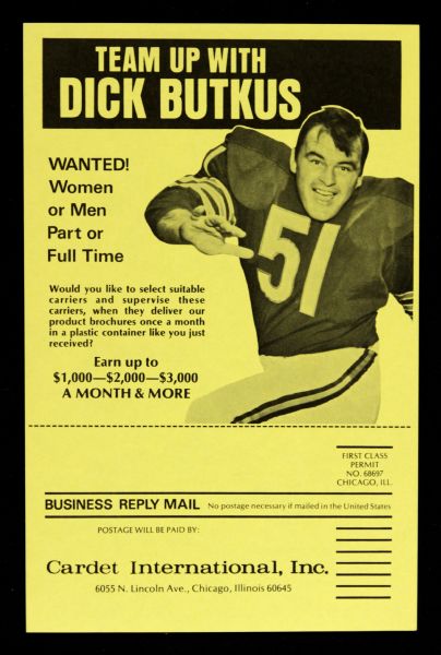 1960s Dick Butkus Chicago Bears Early Cardet International Promotional 