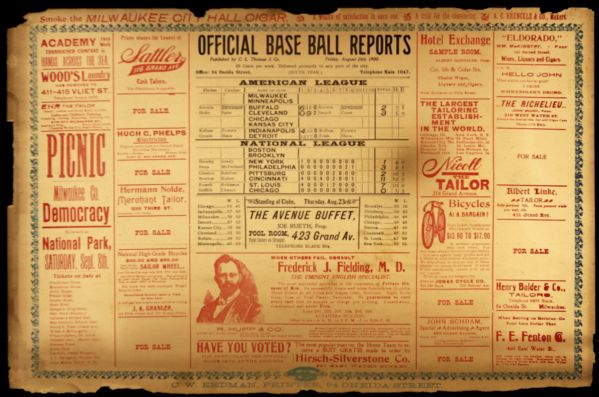 1900 Rare Official Base Ball Reports 18 1/4" x 12" Tavern Card August Class A Milwaukee Brewers Managed by Connie Mack