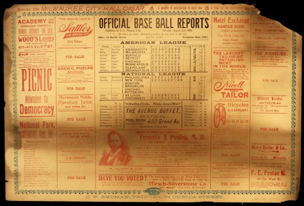 1900 Rare Official Base Ball Reports 18 1/4" x 12" Tavern Card August Class A Milwaukee Brewers Managed by Connie Mack 