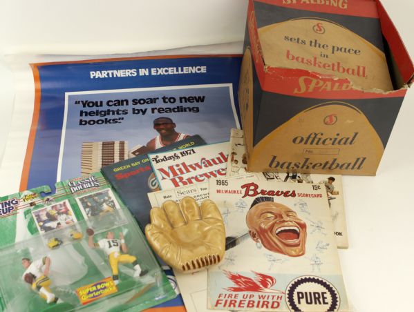 1970s-90s Football Basketball Collection - Vintage Michael Jordan Poster Brett Favre Spalding Original Basketball Box 