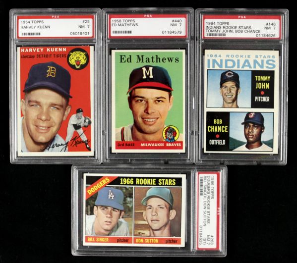 1954-66 Topps Baseball Graded Card - Lot of 4 With Don Sutton Rookie Harvey Kuenn Rookie Tommy John Rookie Eddie Mathews (PSA Graded)