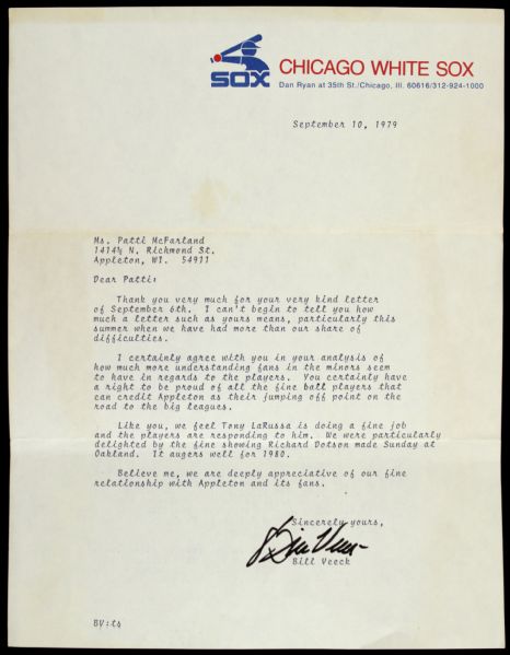 1979 Bill Veeck Chicago White Sox Owner Signed Letter With Interesting Content Regarding Tony LaRussa - JSA 