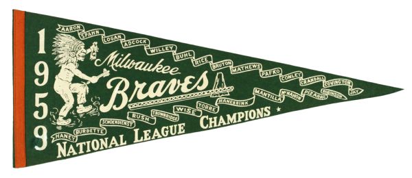 1958 Milwaukee Braves National League Champions Scroll Pennant Rare Green & Orange Version