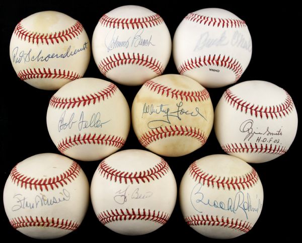 1980s Hall of Fame Single-Signed Baseball - Lot of 9 w/ Ford Feller Berra Brooks Robinson Bench Musial Schoendienst Ozzie Smith - JSA 