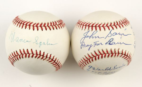 1994-2000  Johnny Sain Boston Braves Signed OAL (Budig) Baseball With Interesting Inscription & Warreb Spahn Single Signed Ball - JSA 