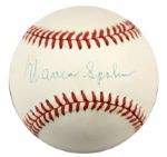 1994-2000  Johnny Sain Boston Braves Signed OAL (Budig) Baseball With Interesting Inscription & Warreb Spahn Single Signed Ball - JSA 