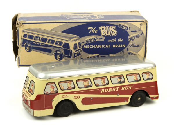 1950s Tin Wind Up Bus With the Mechanical Brain Woodhaven Metal Stamping Brooklyn New York